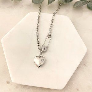 925 Sterling Silver Heart Pendant Necklace Heart Paperclip Safety Pin Necklace